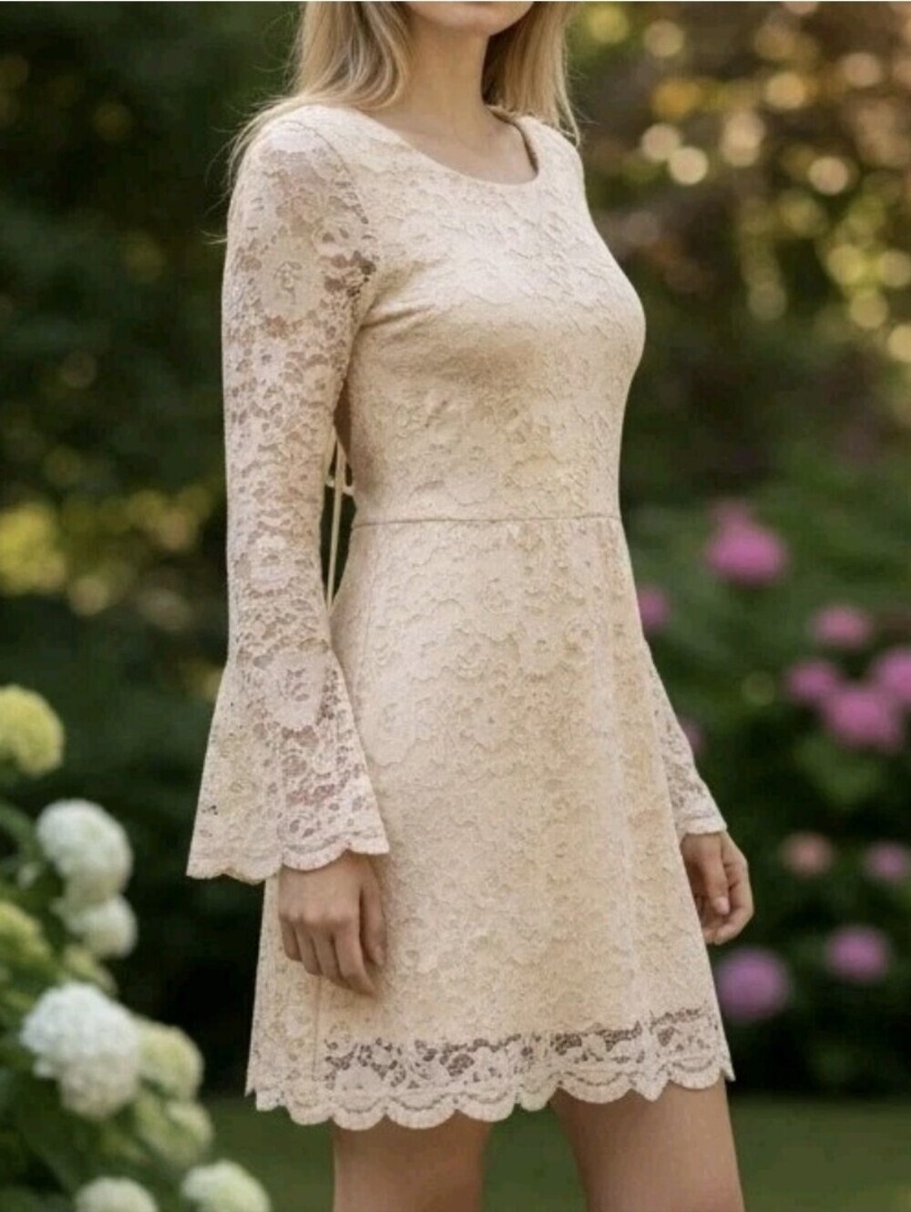 Nwt Show Me Your Mumu Natalie Beige Bell Sleeve Mini Lace Dress Size M